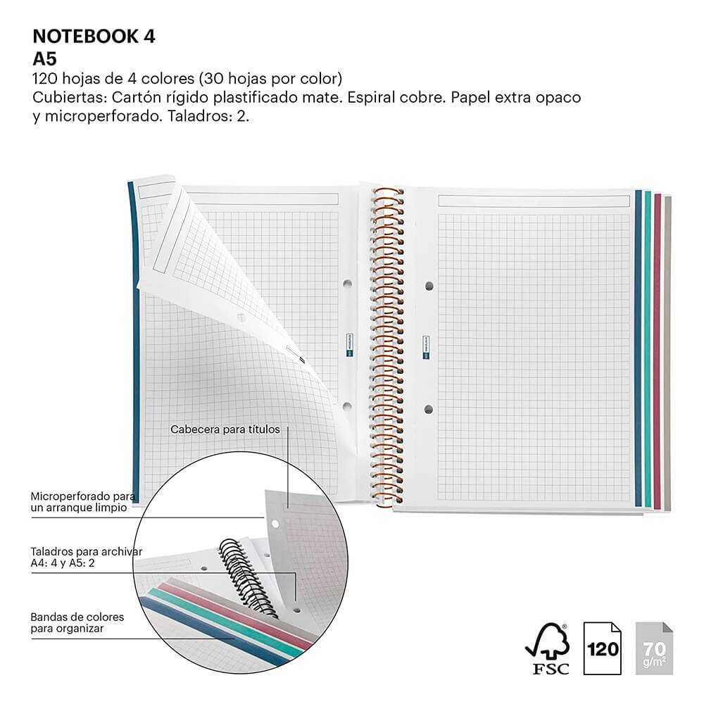 Cuaderno A5 con 4 franjas de color